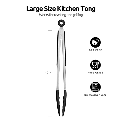 600℉ Heat Resistant Kitchen Tongs: U-Taste 12 Inch Large Silicone Cooking Tong With Sturdy Non Stick Rubber Tips & Silicon Coated 18/8 Stainless Steel Handle & Smooth Locking For Serving Grill (Black) #TOP1