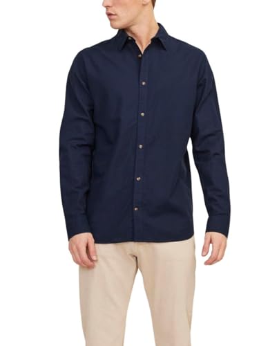 JACK & JONES Jjesummer Linen Shirt LS Sn Camisa de Manga Larga, Azul Marino, S para Hombre