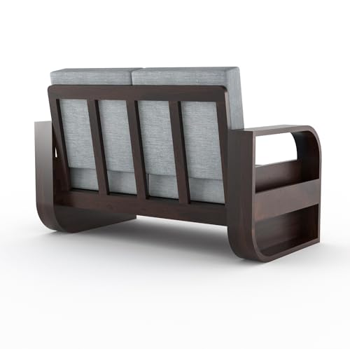 Image of Sheesham Wood 2-Seater Sofa Set - Solid Wood Furniture with Walnut Finish & Grey 40-Density Cushions | Wooden Couch for Living Room & Home Office