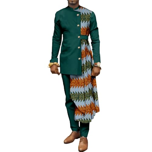 African Suit for Men Coat Long Sleeve 2 Piece Set Dashiki Ankara Print Patchwork Blazer Party Wedding Outfit TR38-V53 Medium