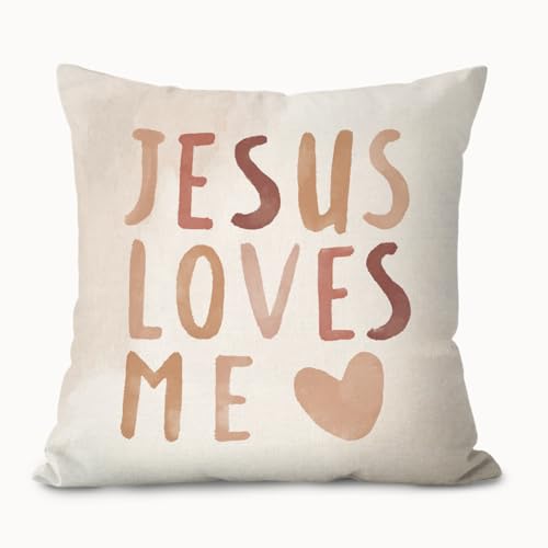 LIANGW Jesus Loves Me Christian Pillow Covers 18x18, Christian Home Decor, Boho Inspirational Bible Verse Decorative Throw Pillow Covers Pillowcases for Kids Room Bedroom Nursery Decor