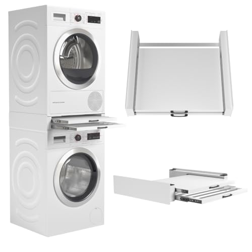 Wasophoogte Secadora de lavadora con plataforma y tendedero – Kit de apilamiento para lavadora y secadora – Marco intermedio universal, apto para cualquier marca. Color: Blanco, Durable y ahorro de