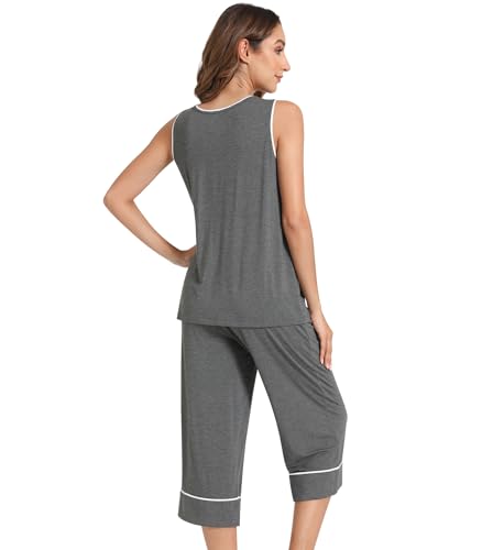 Image of NACHILA Pajamas Set for Women-Viscose Made from Bamboo, Tank Top with Capri Pants Pajama Cool Sleepwear Sleeveless Pjs