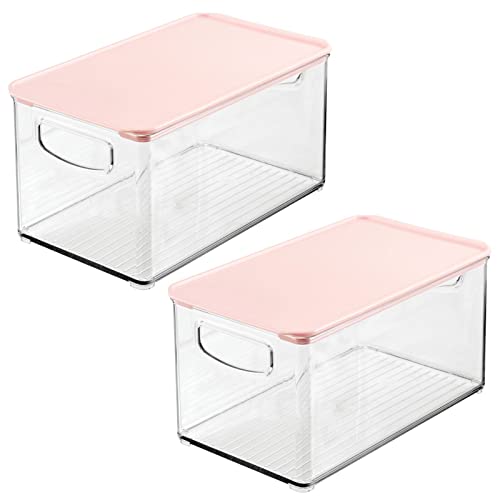 Mdesign Deep Plastic Bathroom Storage Bin Box, Lid/Built-In Handles, Organization For Makeup, Hair Styling Tools, Toiletry Accessories In Cabinet, Shelves, Ligne Collection, 2 Pack, Clear/Pink #TOP7