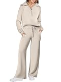 Picture of ANRABESS Women 2 Piece Outfits 2025 Fall Fashion Airport Wide Leg Pants Lounge Set Leisure Travel Vacation Clothes Sweatsuits Light Khaki Small