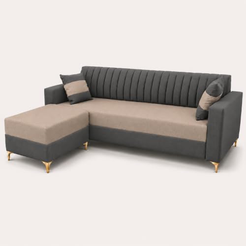 Image of FURNY Signature Regalia 4-Seater L-Shape Sofa Set with Movable Ottoman | Flexible LHS /RHS Layout | Boston Fabric | 40D Foam + Zigzag Spring | 3-Yr Warranty (Ash Grey & Warm Beige)