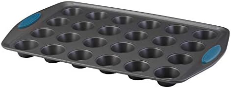 Rachael Ray Yum-o! Nonstick 24-Cup Mini Muffin Tin With Grips / Nonstick 24-Cup Mini Cupcake Tin With Grips - 24 Cup, Gray with Marine Blue Grips