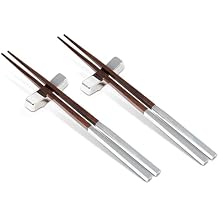 Natico Originals Silver Metal and Wood Chopsticks Set | Set of 2 Pairs w/ 2 Rests | Gift Set, Gift Packaged | Reusable 60-603SET