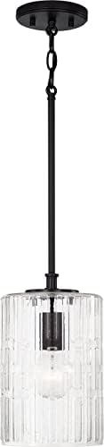 Capital Lighting 341311MB Emerson Transitional Embossed Seeded Glass Cylinder Pendant Light Fixture, 1-Light 100 Watt, 12" H x 7" W, Matte Black