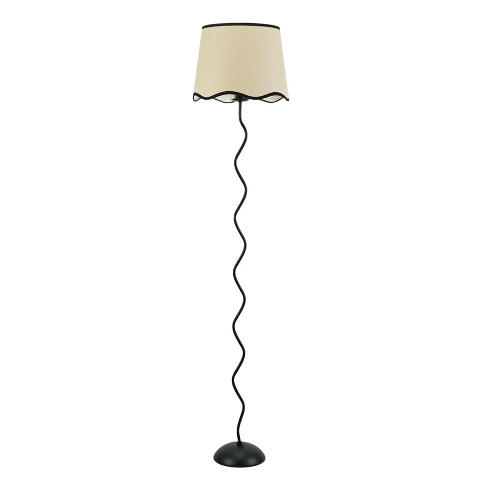 Wiggle Black Metal Stem Floor Lamp - Linen Scallop Trim Tapered Shade - ValueLights
