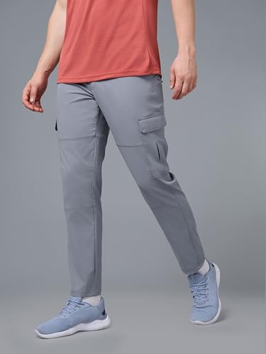 Image of TECHNOSPORT Men's Solid Straight Fit Cargo Pants TS Flexi 6 Pocket Polyester Quick Dry Elasticated Drawstring for Gym Travel Running Workout