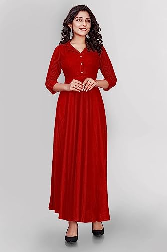 Image of SAYLAH Women Cotton Flare Solid Color Regular Fit Long Dress