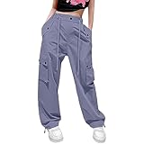 Mjjsk Baggy-Cargohose für Mädchen, hohe Taille, weites Bein, Fallschirmhose mit Taschen, Kinder, Vintage, Freizeithose, Hip-Hop, trendige Streetwear, blau, 13-14 Jahre