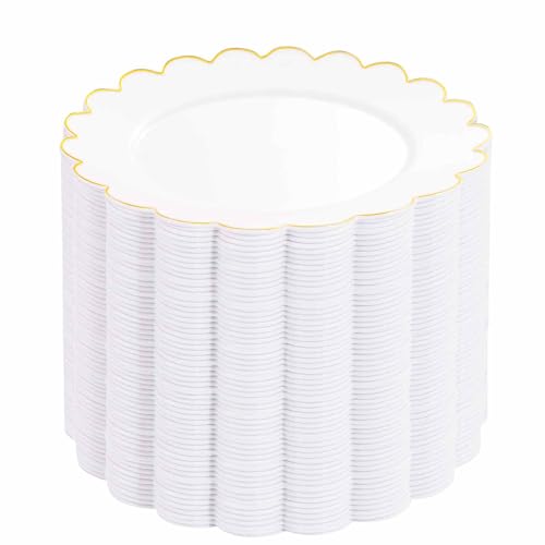 SUT 72 Pcs White Gold Plastic Dessert Plates, 7.5 Inch Gold Disposable Appetizer Plates, Gold Salad Plates, Fancy Gold Cake Plates, Small Plastic Plates for Wedding Parties