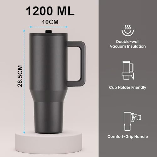 Image of House of Quirk 1200ML Tumbler with Handle & Simple Flip Straw - Car Cup Holder Friendly, Leak Resistant Stainless Steel Water Bottle with Rubber Base (Black)