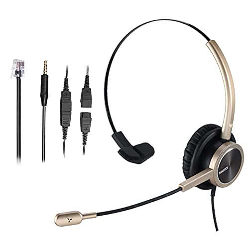 Telephone Headset RJ9 for Landlines Phone Call Center with Noise Cancelling Microphone Work for Yealink Grandstream Snom Panasonic Including Extra 3.5mm Connector for mobiles