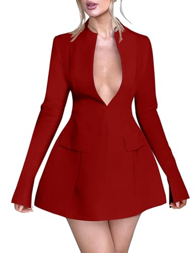 YMDUCH Women's Sexy Long Sleeve Deep V Neck A-Line Mini Party Cocktail Dress