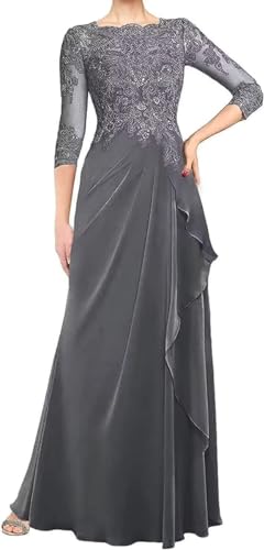 WSEYU Vestidos de madre de la novia para boda, mangas largas 3/4, apliques de encaje, plisados, vestidos de madre del novio, cuello redondo, gris, 44