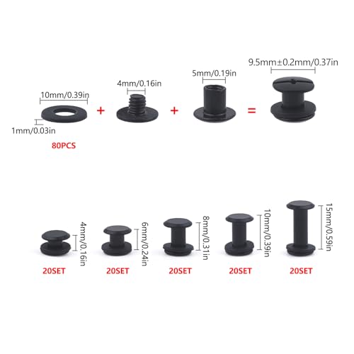 JINTANG 100 Sets Chicago Screws M5*4/6/8/10/15mm Chicago Book Binding Screws Rivets for Leather Metal Rivet Replacement Repair for DIY Book Scrapbook Bookbinding Bags,Collars(Matte/Dark Black) - Image 2