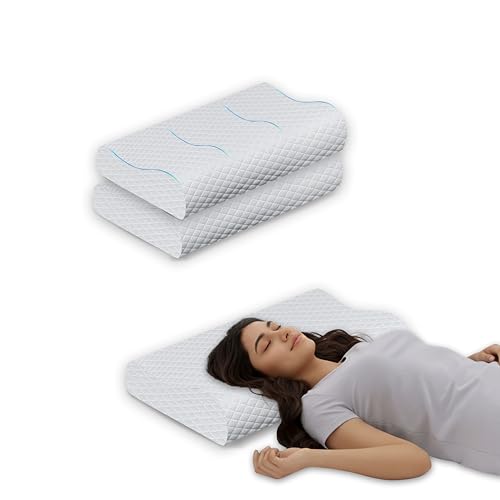 Image of Memory Foam Cervical Pillow Set of 2, Ergonomic Neck Support Cushion for Sleeping, Contour Bed Pillow for Side and Back Sleepers, Shoulder Relief, Washable Cover, White, 48 x 30 cm