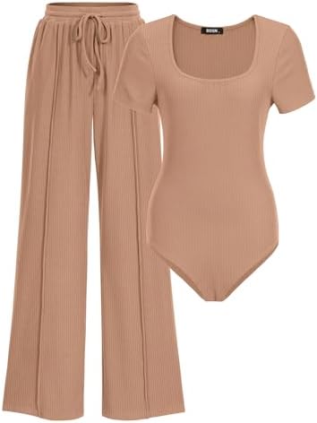BTFBM Womens Spring 2 Piece Outfits 2026 Square Neck Short Sleeve Bodysuit Drawstring Pants Knit Lounge Matching Sets