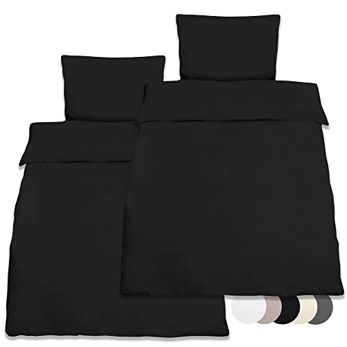Beautissu 2er Set Renforcé Bettwäsche Set 135x200 cm Julie - Kissenbezug 80x80cm - Bettwäsche mit 2X Bettbezug & 2X Kopfkissenbezug - 4teilige Kühlende Sommerbettwäsche aus Baumwolle in Schwarz Cover