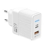 Caricatore USB C 65W a doppia porta - Ricarica rapida PD QC3.0 per computer portatile tablet smartphone | Blocco da parete compatto LED da viaggio | Adattatore di alimentazione PC ABS compatibile