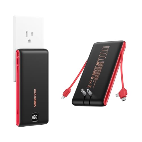 VEEKTOMX Portable Charger with Built in Cables 22.5W 10000mAh, Power Bank for iPhone with AC Wall Plug, Travel Essentials Fast Charging USB C Slim Battery Pack Compatible with iPhone Samsung LG iPad