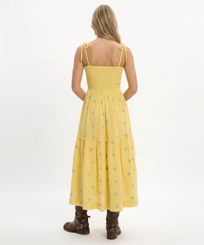 Image of Women Floral Embroidered Maxi Dress Boho Sleeveless Tie Strap Shoulder Dresses Smocked Summer Sundress with Pockets