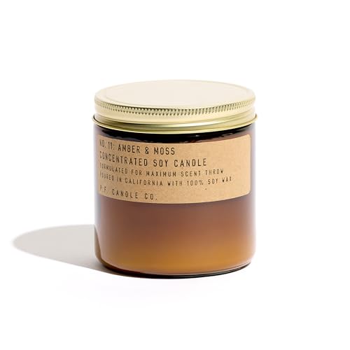 P.F. Candle Co. Amber & Moss Classic Large Concentrated Scented Soy Wax Candle (12.5 oz) 60-70 Hour Burn Time, Amber Glass Jar, Made in The U.S.A.