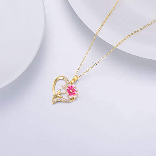 14K Real Gold Birth Flower Necklace for Women,Yellow Gold Created Moissanite Heart Pendant Orchid/Lotus Necklaces,Dainty Birth Month Floral Jewelry Gifts for Birthday Valentines Anniversary,16''-18''4