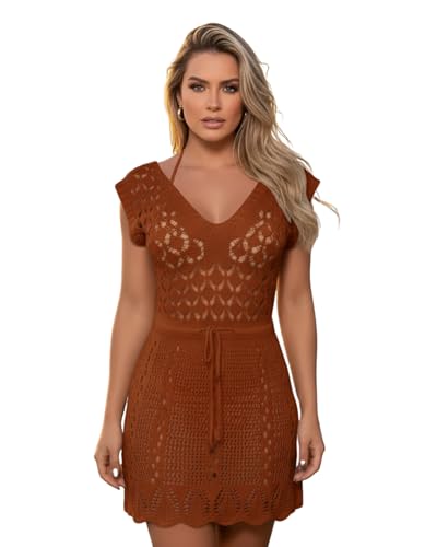 Saida de Praia Crochê Vestido Curta Tricot Rendado Cinturada Manga Curta Elegante Saida de Banho Piscina Canga Verão (Marrom)
