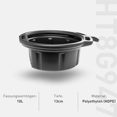 HÖGERT TECHNIK Ölablass 10 L, robuste Schale aus chemikalienbeständigem Kunststoff, mit Griffen, Trichter, auslaufsicher, langlebig, ideal für Auto, Schwarz