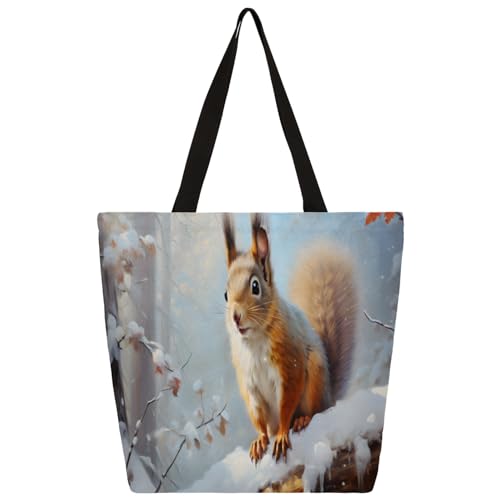 Mularoka Snow Squirrel Large Capacity Canvas Tote Bag Stylish Handheld Shoulder Bag Reusable Shopping Bag for Work Travel Beach Trips Shopping