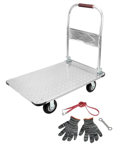 QWORK® Carro de Plataforma Plegable Robusto, con Capacidad de Carga de 1100 kg, 90 x 60 cm y neumáticos de Goma silenciosos, Carro de Transporte de Acero para Trabajo Pesado