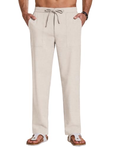 COOFANDY Mens Cotton Linen Pants Drawstring Casual Summer Beach Dress Pant
