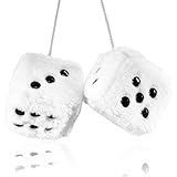 Pair 3” White with Black Dots Mirror Fuzzy Plush Dice, White and Black Soft Plush...