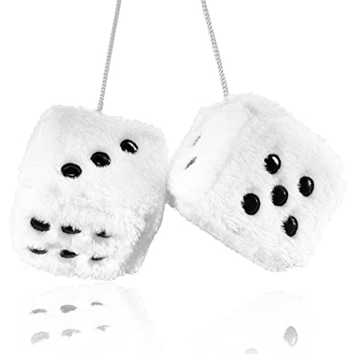 Pair 3” White with Black Dots Mirror Fuzzy Plush Dice, White and Black Soft Plush Car Decorative Hanging Ornament.