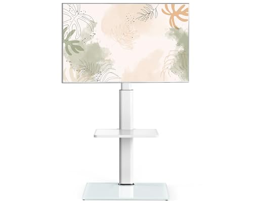 FITUEYES Universal TV Floor Stand, White Corner TV Stand for 32 to 60 Inch TVs,Swivel Bracket,Height Adjustable, Adjustable Shelf, Cable Management