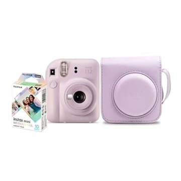 Kit Câmera Instax Mini 12 com pack 10 fotos Spray Art e Bolsa Lilás Candy