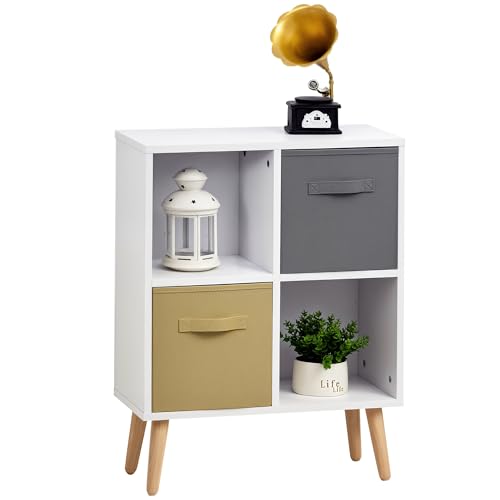 HOMCOM Freestanding 4 Cube Storage Cabinet Unit w/ 2 Fabric Drawers Handles Home Office Organisation Shelves Furniture