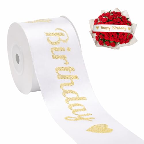 KINGLAKE White Glitter Happy Birthday Ribbon - 2 x 10 Yards Happy Birthday Satin Ribbon with Gold Print for Flower Banner Bouquet Gift Wrapping DIY Crafts Bows Making Cake Party Decoration