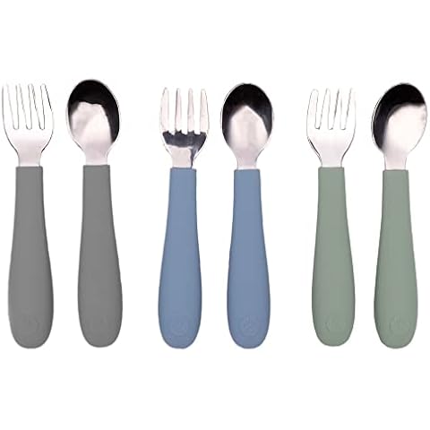 WeeSprout Toddler Utensils, 3 Forks & 3 Spoons, 18/8 Stainless Steel & Food Grade Silicone, Thick Easy-Grip Handles, Perfect Length For New Self Feeders, Gentle On Gums & Teeth, Dishwasher Safe Cover