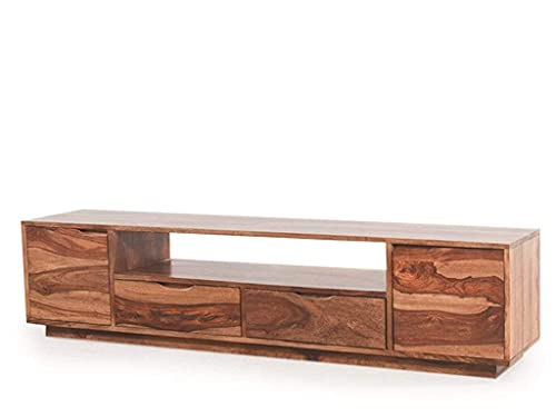 Image of DRIFTINGWOOD Malvina Sheesham Wood Sideboard Low Height TV Cabinet for Living Room | Wooden Free Standing TV Unit Side Board Table with 2 Drawer, 2 Door Cabinet & Shelf Storage | Teak Brown