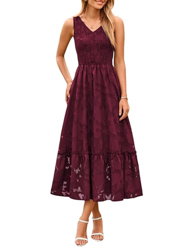 Image of Simplee Womens Semi Formal Dresses for Wedding Guest Floral Lace Midi Dress | Floral lace, Modest, Midi length, Sleeveless, V neck, Smocked empired waist, Semi formal wedding guest dress, Baptism dress
