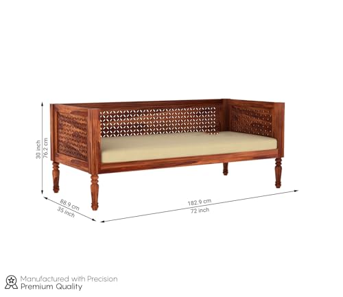 Image of ONIJA Solid Sheesham Wood Diwan Sofa Cum Bed Without Cushion | Traditional Wooden Daybed with Carved Backrest | 3 Seater Sofa for Living Room, Bedroom & Home (Honey Finish)
