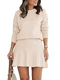 Tankaneo Womens Skirt 2 Piece Sweater Set Long Sleeve Crewneck Sweaters Pleated Mini Skirt Knit Lounge Sets