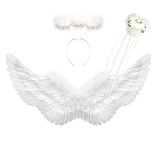 Winwild 3er Engelsflügel Weiß mit Heiligenschein & Zauberstab Set,75cm Engel Flügel Damen Engel Teufel Feen Kostüm Accessoires Erwachsene für...