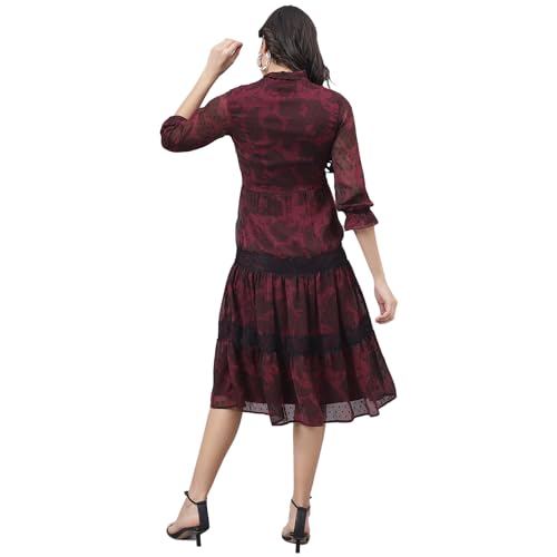 Image of Latin Quarters Women Maroon 3 /4 Sleeve Tie-Up Neck A-Line Dress