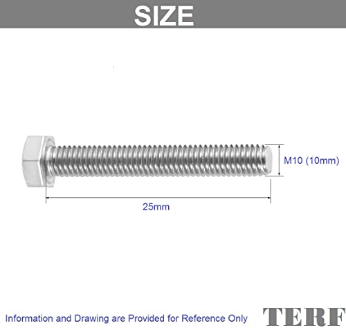 TERF® M10 X 25mm Hex Bolts Fully Threaded Set Screw M10 (10mm) X 25mm Hex Head Cap Hexagonal Bolts - Pack of 10 - Image 3